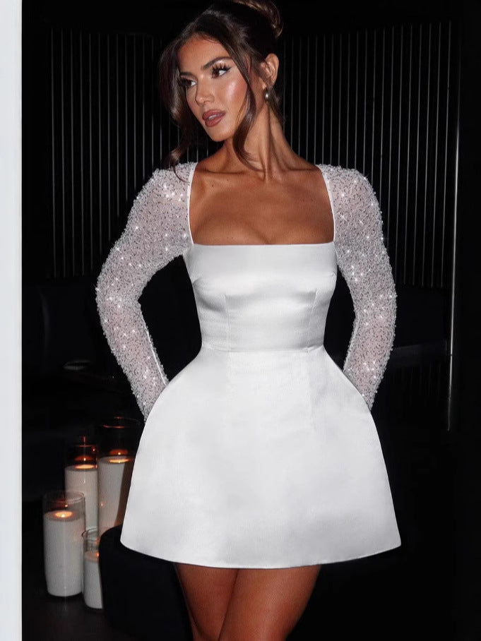 Sexy Low-cut Solid Color Square Collar A- line Dress Women's 2024 Winter New Distinctive Lace Stitching Long-sleeved dress